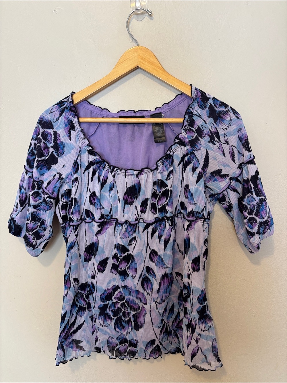 Axcess Purple Floral Ruffle Scoop Neck Blouse